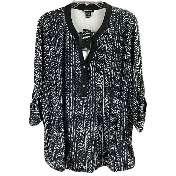 ROBERT LOUIS  Roll Tab Sleeve Blouse Women's Plus Size 2X Black and White NWT - Picture 1 of 8